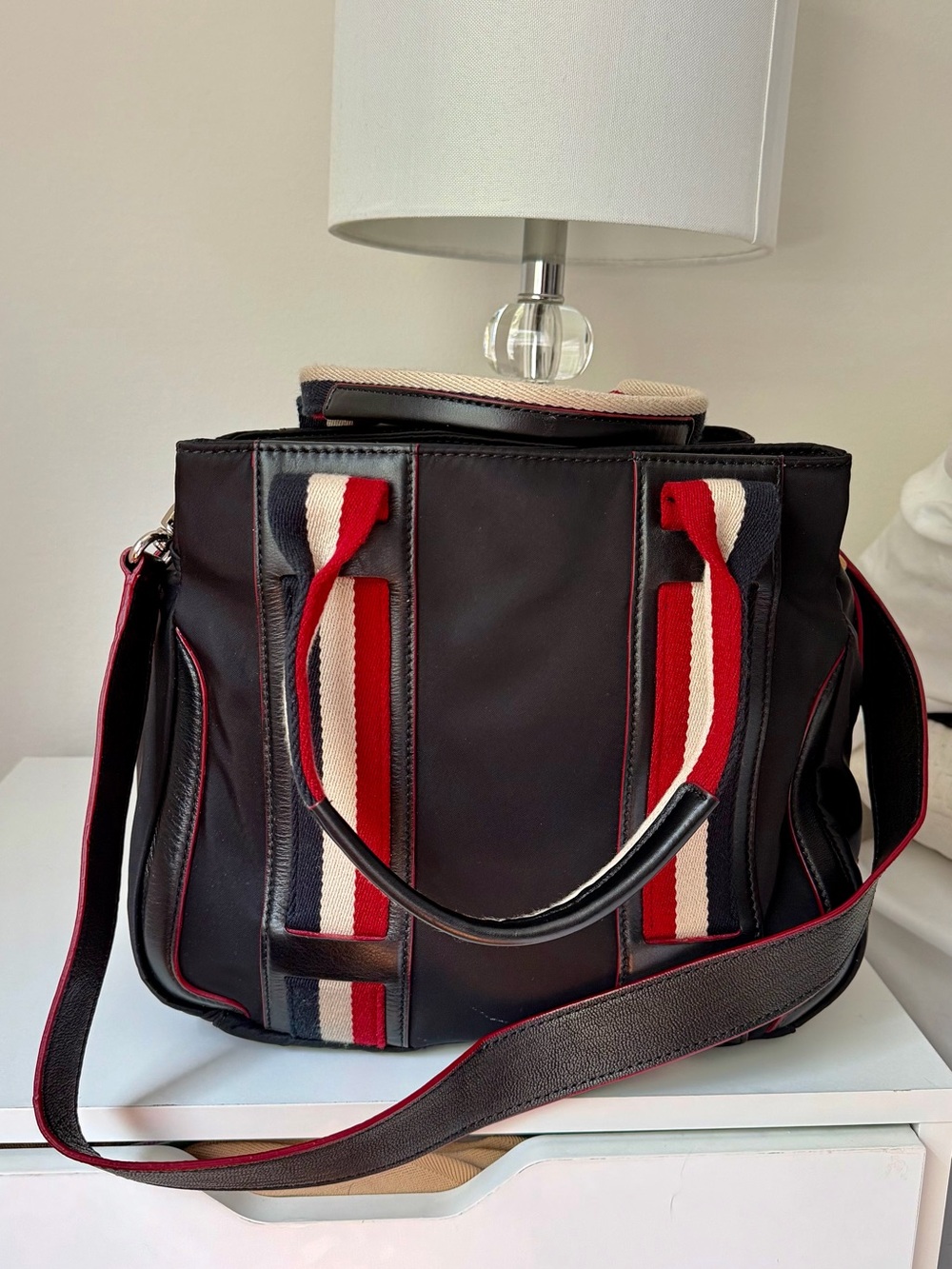 MZ Wallace Black Tote with Red, White & Navy Striped Webbing